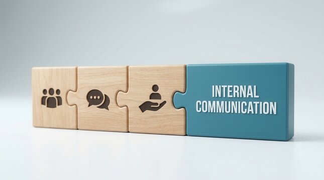 Wooden puzzle pieces with team and chat icons connecting to an internal communication block.