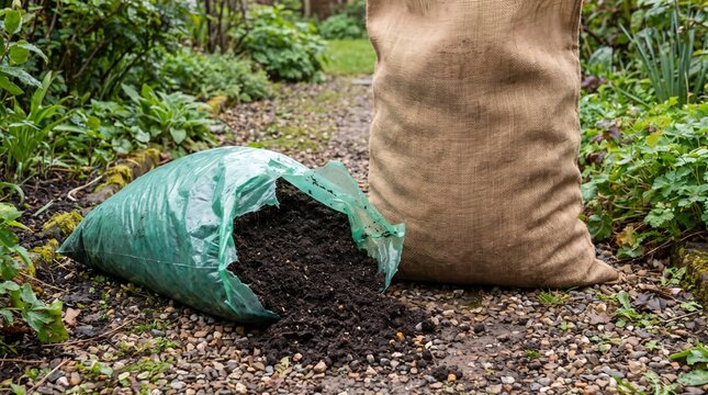 Burst Plastic Compost Bag Spilling Onto A Garden Path Showing False Economy