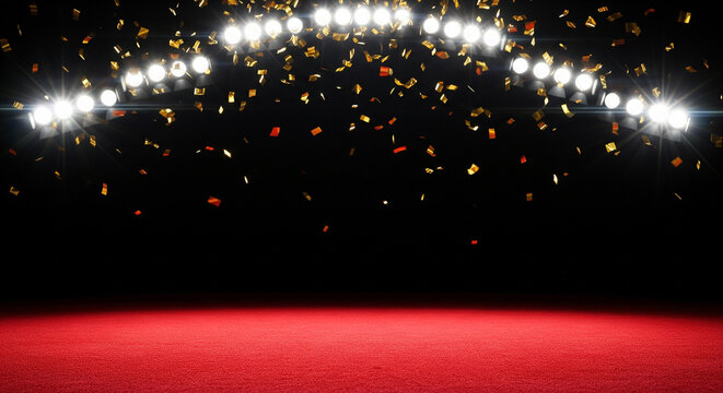 Classic red carpet stage illuminated by bright stadium lights perfect for professional Hollywood events and luxury entertainment award ceremonies