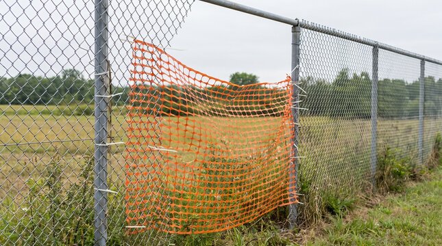 Orange Plastic Mesh Patching A Chain Link Fence as Weak Link Metaphor