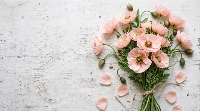 Vintage pink poppy bouquet on rustic white wood background, delicate spring floral arrangement, romantic pastel flowers with copy space