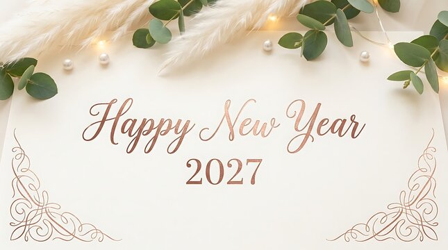Elegant happy new year 2027 invitation card with gold ornate corner decorations and subtle floral accents for celebratory event announcements and greetings.