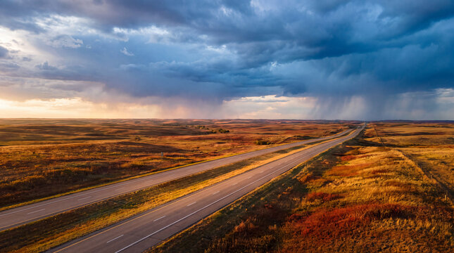 Empty prairie highway crosses open grassland beneath dramatic storm clouds, with warm sunset light, a bold autumn landscape for travel posters.