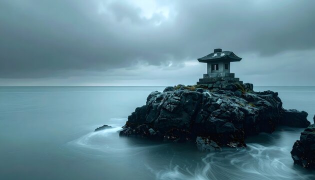 Stone lantern standing on rocks in moody ocean
