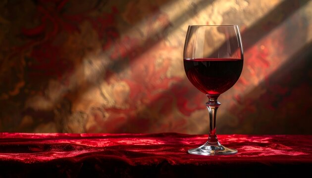 Red wine glass sitting on elegant velvet background