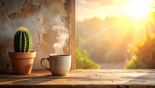 Steaming coffee mug and cactus on rustic window sill