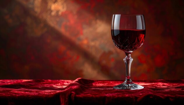 Red wine in crystal glass on velvet creating romantic mood