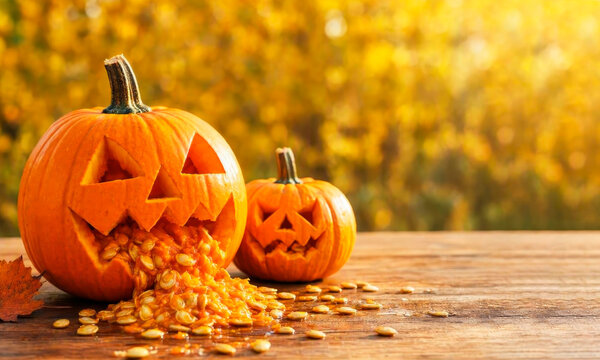 Scary pumpkin lantern with open mouth on old wooden table. Happy Halloween!