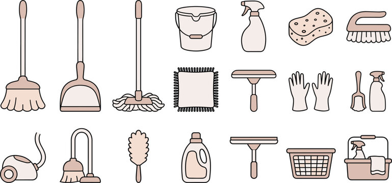 Set of cleaning service tools and housekeeping equipment flat vector icons for domestic chores