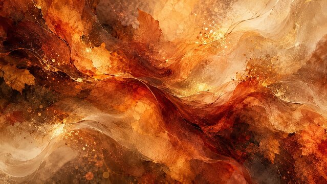Abstrakter Herbsthintergrund mit geschwungenen Formen in Kupfer, Orange, Creme und Gold. Leuchtende Partikel und warme Farbverl&auml;ufe schaffen eine edle saisonale Atmosph&auml;re.