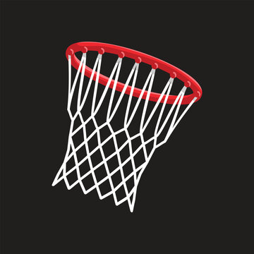 Flat vector illustration of a red basketball hoop rim with a white hanging net.