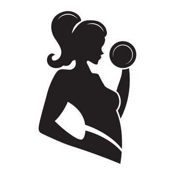 Flat vector illustration of a fit woman silhouette with a ponytail lifting a dumbbell.