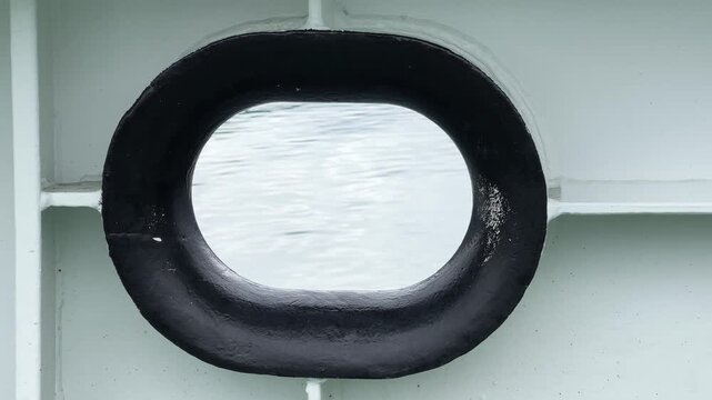 View of water surface through the hawsehole of moving vessel