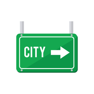 Flat vector illustration of a green hanging highway road sign.