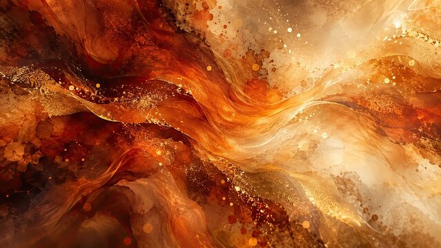 Edler abstrakter Herbsthintergrund in warmen Rost-, Orange-, Braun- und Goldt&ouml;nen. Transparente Wellen, Lichtreflexe und feine Partikel schaffen eine luxuri&ouml;se Stimmung.
