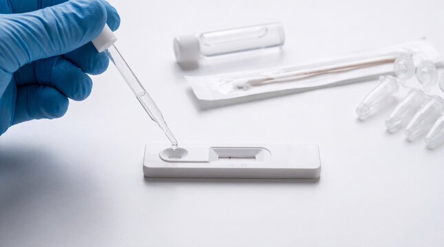 Lab Technician Adding Buffer Solution to Rapid Antigen Test Cassette