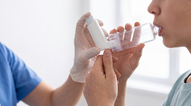 Healthcare Worker Assisting Patient With Asthma Inhaler Spacer