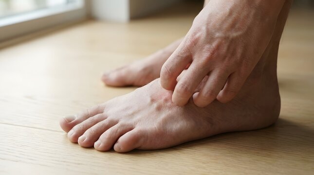 Close-up of a person's hand scratching an itchy red rash or insect bite on the foot, showing skin irritation, allergic reaction, or dermatological conditions like athlete's foot in a home setting.