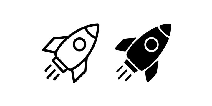 Rocket space ship icons outline and solid vectors for product launch.