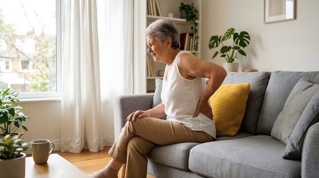 Senior elderly woman suffering from sudden lower back pain while sitting on a sofa at home, feeling discomfort and muscle ache, concept of aging, health problems, and physical strain.