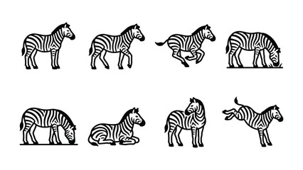 Obraz premium Set of Zebra Poses: A collection of graphic illustrations depicting zebras in various poses, including standing, walking, running, grazing, resting, and jumping.