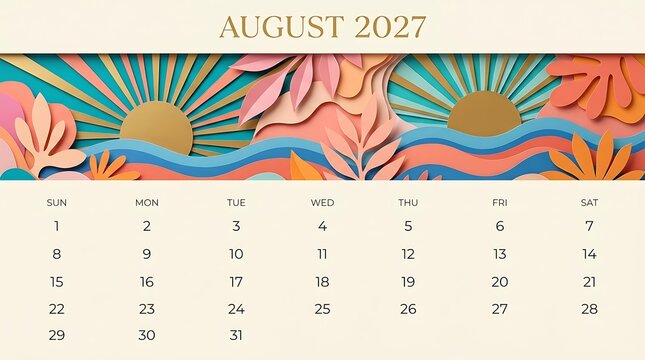 August 2027 calendar featuring vibrant tropical paper cut out art with sun rays and ocean waves perfect for summer vacation planning or graphic design.