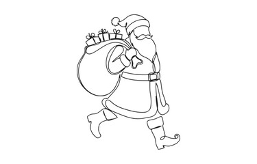 Fototapeta premium One continuous single drawing line art flat doodle Santa Claus turned back with a bag of gifts, new year, Christmas, holiday, children. Isolated image.
