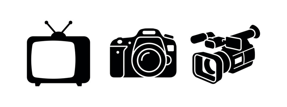 Multimedia and broadcasting equipment icons with retro television dslr camera and video camera