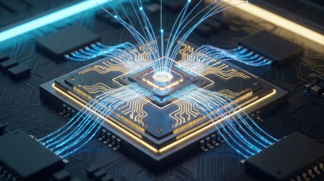 Advanced computer processor with glowing blue data streams emanating outwards