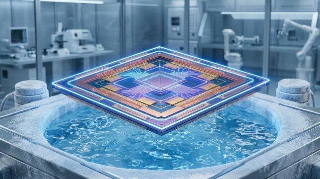 Advanced microchip floating above a pool of water in a futuristic laboratory