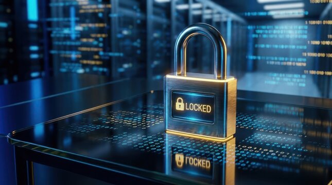 Digital padlock secures server room with glowing blue lights