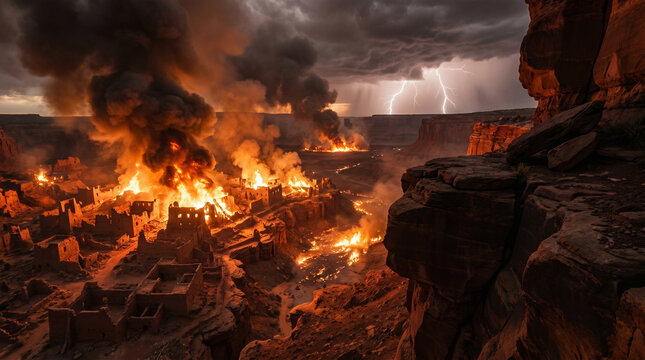 Destruction of Edom, biblical apocalyptic scene, far valley view, prophetic judgment and desolation