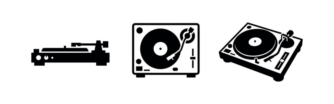 DJ Turntable Vinyl Record Player Icon Set Black Silhouette