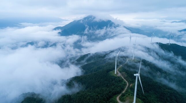 Wind turbines atop misty mountains under a cloudy blue sky.