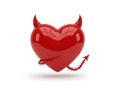 Glossy red heart shape with devil horns and a spiked tail isolated on a white background