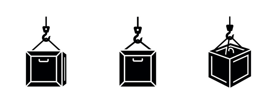 Crane Hook Lifting Cargo Box Icon Set - Logistics and Shipping Silhouettes