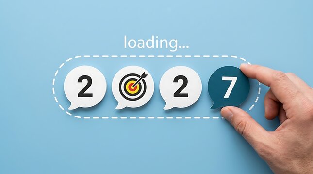 Hand placing final number '7' in loading bar sequence 202, signifying completion of year 2026 and starting of new year 2027 with anticipation.