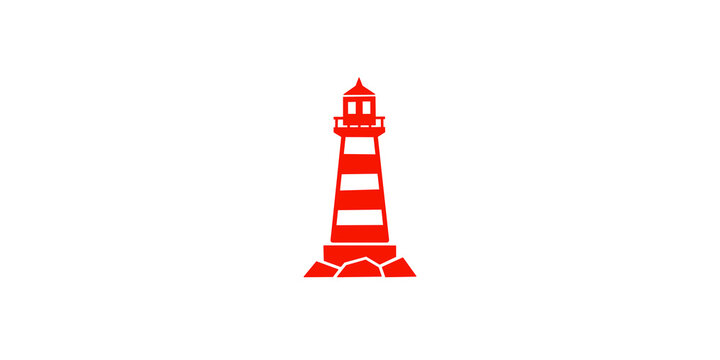 Red lighthouse beacon illustration with rock base for coastal navigation.