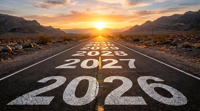 Road stretching towards horizon with years 2026 to 2031 painted on asphalt signifying future goals.