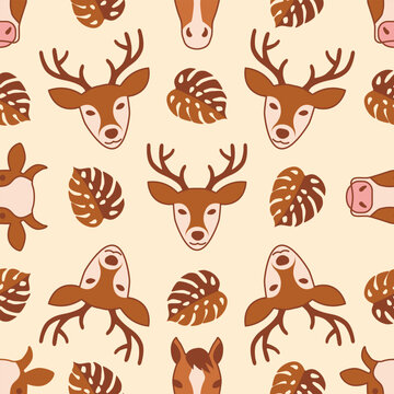 Background featuring a pattern of deer and monstera leaves.