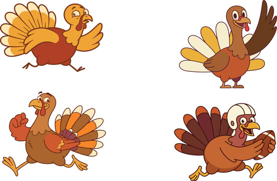 A collection of cute cartoon illustrations featuring a happy thanksgiving turkey in various fun and active poses