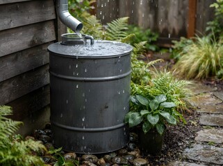 Obraz premium Gray rain barrel collecting water from downspout in residential garden with green foliage