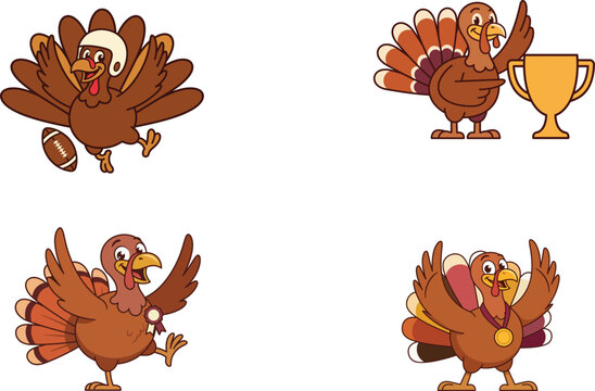 A collection of cute cartoon illustrations featuring a happy thanksgiving turkey character in various fun poses and activities