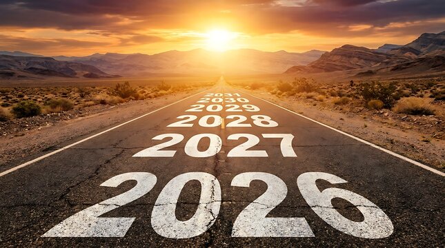 Road with numbers 2026 to 2031 marking future progress towards sunset in desert landscape represents planning and goals.