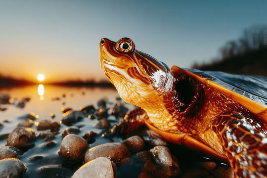 A beautiful painted turtle emerges onto a rocky beach during a vibrant sunset. Its captivating gaze reflects the peacefulness of the nature scene