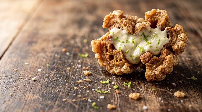 Crispy pork rind with lime mayonnaise dip on a rustic wooden table