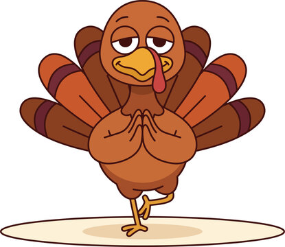 A cute cartoon illustration of a happy thanksgiving turkey doing a yoga pose on a white background