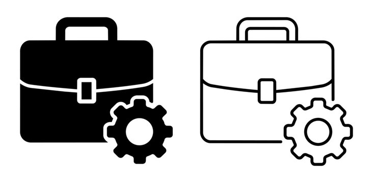 Briefcase with gear icon set, business management and project development symbol, professional work tool vector illustration
