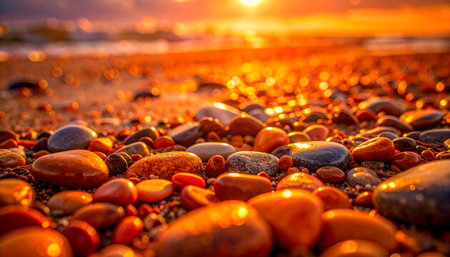 Macro photography of colorful pebbles on beach shore at golden hour sunset
