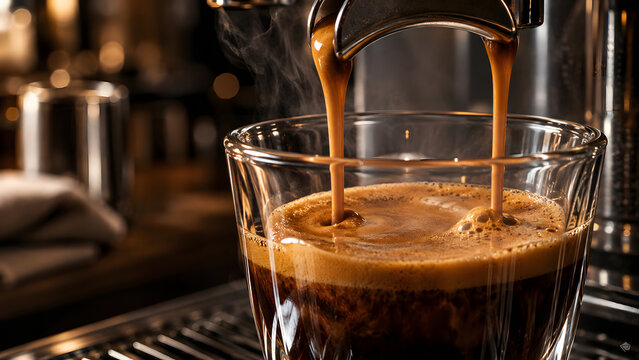 Fresh Espresso Pouring from Coffee Machine into Glass
